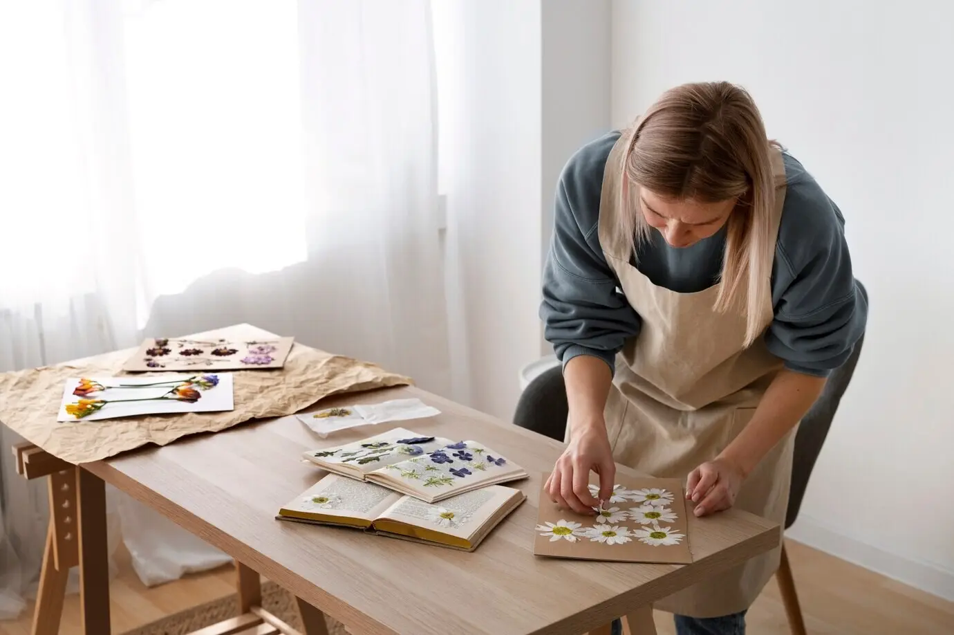 Blick auf eine Kunsthandwerkerin, die Blumen presst.